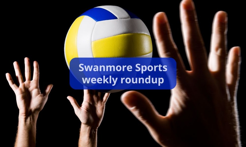 Image shows hands stretched in the air trying to reach a volleyball mid-flight, with the words Swanmore Sports weekly roundup